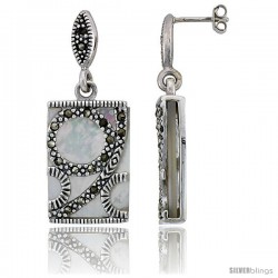 Marcasite Rectangular Earrings in Sterling Silver, w/ Mother of Pearl, 1 9/16" (40 mm) tall