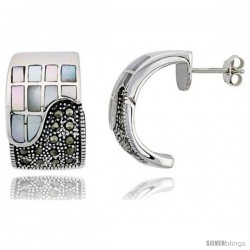 Marcasite Rectangular Earrings in Sterling Silver, w/ Mother of Pearl, 13/16" (21 mm) tall