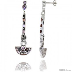 Marcasite Fan-shaped Earrings in Sterling Silver, w/ Mother of Pearl, 2 3/16" (56 mm) tall