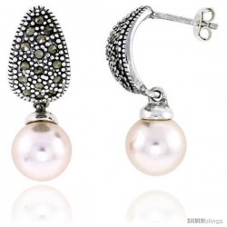 Marcasite Earrings in Sterling Silver, w/ Faux Pearl, 1 1/8" (29 mm) tall