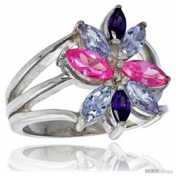 Highest Quality Sterling Silver 3/4 in (18 mm) wide Right Hand Flower Ring, Marquise Cut Alexandrite, Amethyst & Pink