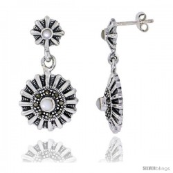 Marcasite Earrings in Sterling Silver, w/ Mother of Pearl, 1 1/4" (32 mm) tall