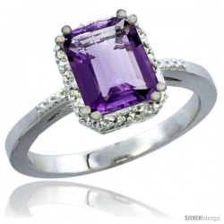 10K White Gold Natural Amethyst Ring Emerald-shape 8x6 Stone Diamond Accent