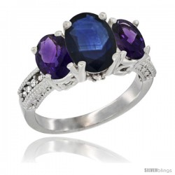 10K White Gold Ladies Natural Blue Sapphire Oval 3 Stone Ring with Amethyst Sides Diamond Accent