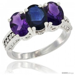 10K White Gold Natural Blue Sapphire & Amethyst Sides Ring 3-Stone Oval 7x5 mm Diamond Accent