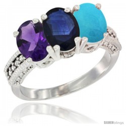 10K White Gold Natural Amethyst, Blue Sapphire & Turquoise Ring 3-Stone Oval 7x5 mm Diamond Accent