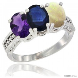 10K White Gold Natural Amethyst, Blue Sapphire & Opal Ring 3-Stone Oval 7x5 mm Diamond Accent