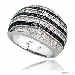 Sterling Silver Striped Dome Ring w/ Black & White CZ Stones, 1/2" (13mm) wide