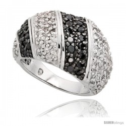 Sterling Silver Striped Dome Ring w/ Black & White CZ Stones, 1/2" (13mm) wide -Style Tr6706