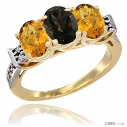 10K Yellow Gold Natural Smoky Topaz & Whisky Quartz Sides Ring 3-Stone Oval 7x5 mm Diamond Accent