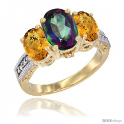 10K Yellow Gold Ladies 3-Stone Oval Natural Mystic Topaz Ring with Whisky Quartz Sides Diamond Accent