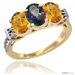 10K Yellow Gold Natural Mystic Topaz & Whisky Quartz Sides Ring 3-Stone Oval 7x5 mm Diamond Accent