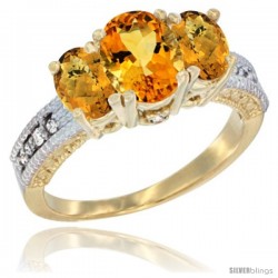 10K Yellow Gold Ladies Oval Natural Citrine 3-Stone Ring with Whisky Quartz Sides Diamond Accent