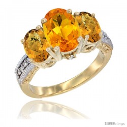 10K Yellow Gold Ladies 3-Stone Oval Natural Citrine Ring with Whisky Quartz Sides Diamond Accent