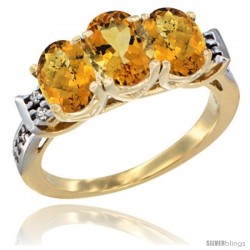 10K Yellow Gold Natural Citrine & Whisky Quartz Sides Ring 3-Stone Oval 7x5 mm Diamond Accent