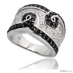 Sterling Silver Swirls Band w/ Black & White CZ Stones, 1/2" (12mm) wide