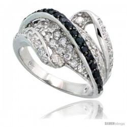 Sterling Silver Wave Ring w/ Black & White CZ Stones, 9/16" (15mm) wide