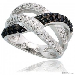 Sterling Silver Braided Ring w/ Black & White CZ Stones, 1/2" (12mm) wide