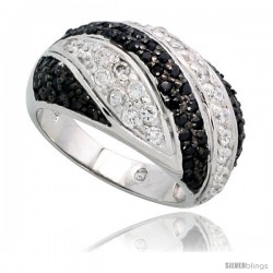 Sterling Silver Striped Dome Ring w/ Black & White CZ Stones, 1/2" (12mm) wide