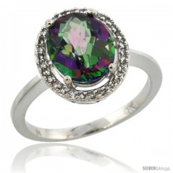 10k White Gold Diamond Halo Mystic Topaz Ring 2.4 carat Oval shape 10X8 mm, 1/2 in (12.5mm) wide