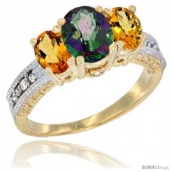 14k Yellow Gold Ladies Oval Natural Mystic Topaz 3-Stone Ring with Citrine Sides Diamond Accent