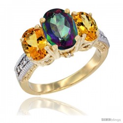 14K Yellow Gold Ladies 3-Stone Oval Natural Mystic Topaz Ring with Citrine Sides Diamond Accent