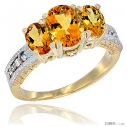 14k Yellow Gold Ladies Oval Natural Citrine 3-Stone Ring Diamond Accent