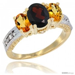 14k Yellow Gold Ladies Oval Natural Garnet 3-Stone Ring with Citrine Sides Diamond Accent