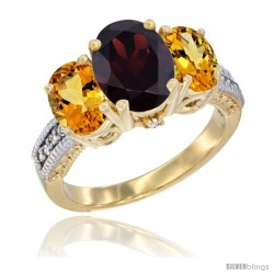 14K Yellow Gold Ladies 3-Stone Oval Natural Garnet Ring with Citrine Sides Diamond Accent