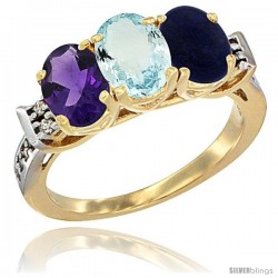 10K Yellow Gold Natural Amethyst, Aquamarine & Lapis Ring 3-Stone Oval 7x5 mm Diamond Accent