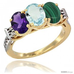 10K Yellow Gold Natural Amethyst, Aquamarine & Malachite Ring 3-Stone Oval 7x5 mm Diamond Accent