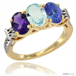 10K Yellow Gold Natural Amethyst, Aquamarine & Tanzanite Ring 3-Stone Oval 7x5 mm Diamond Accent