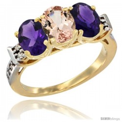 10K Yellow Gold Natural Morganite & Amethyst Sides Ring 3-Stone Oval 7x5 mm Diamond Accent