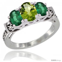 14K White Gold Natural Peridot & Emerald Ring 3-Stone Oval with Diamond Accent