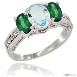 14k White Gold Ladies Oval Natural Aquamarine 3-Stone Ring with Emerald Sides Diamond Accent