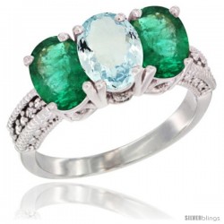 14K White Gold Natural Aquamarine & Emerald Sides Ring 3-Stone 7x5 mm Oval Diamond Accent