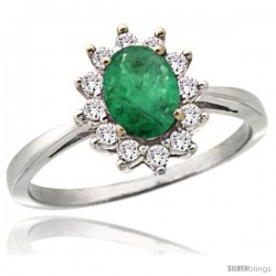 14k White Gold Diamond Halo Emerald Ring 0.85 ct Oval Stone 7x5 mm, 1/2 in wide