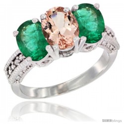 14K White Gold Natural Morganite & Emerald Sides Ring 3-Stone 7x5 mm Oval Diamond Accent