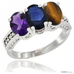 10K White Gold Natural Amethyst, Blue Sapphire & Tiger Eye Ring 3-Stone Oval 7x5 mm Diamond Accent