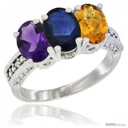 10K White Gold Natural Amethyst, Blue Sapphire & Whisky Quartz Ring 3-Stone Oval 7x5 mm Diamond Accent