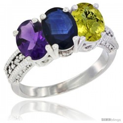 10K White Gold Natural Amethyst, Blue Sapphire & Lemon Quartz Ring 3-Stone Oval 7x5 mm Diamond Accent