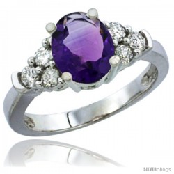 10K White Gold Natural Amethyst Ring Oval 9x7 Stone Diamond Accent