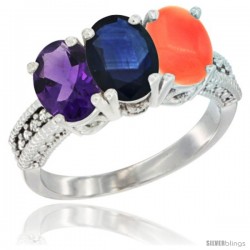 10K White Gold Natural Amethyst, Blue Sapphire & Coral Ring 3-Stone Oval 7x5 mm Diamond Accent