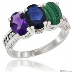 10K White Gold Natural Amethyst, Blue Sapphire & Malachite Ring 3-Stone Oval 7x5 mm Diamond Accent