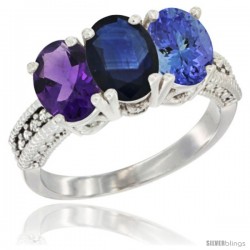 10K White Gold Natural Amethyst, Blue Sapphire & Tanzanite Ring 3-Stone Oval 7x5 mm Diamond Accent