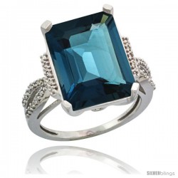 14k White Gold Diamond London Blue Topaz Ring 12 ct Emerald Shape 16x12 Stone 3/4 in wide