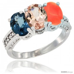 14K White Gold Natural London Blue Topaz, Morganite & Coral Ring 3-Stone 7x5 mm Oval Diamond Accent