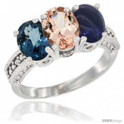 14K White Gold Natural London Blue Topaz, Morganite & Lapis Ring 3-Stone 7x5 mm Oval Diamond Accent