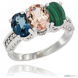 14K White Gold Natural London Blue Topaz, Morganite & Malachite Ring 3-Stone 7x5 mm Oval Diamond Accent