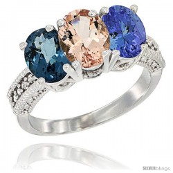 14K White Gold Natural London Blue Topaz, Morganite & Tanzanite Ring 3-Stone 7x5 mm Oval Diamond Accent